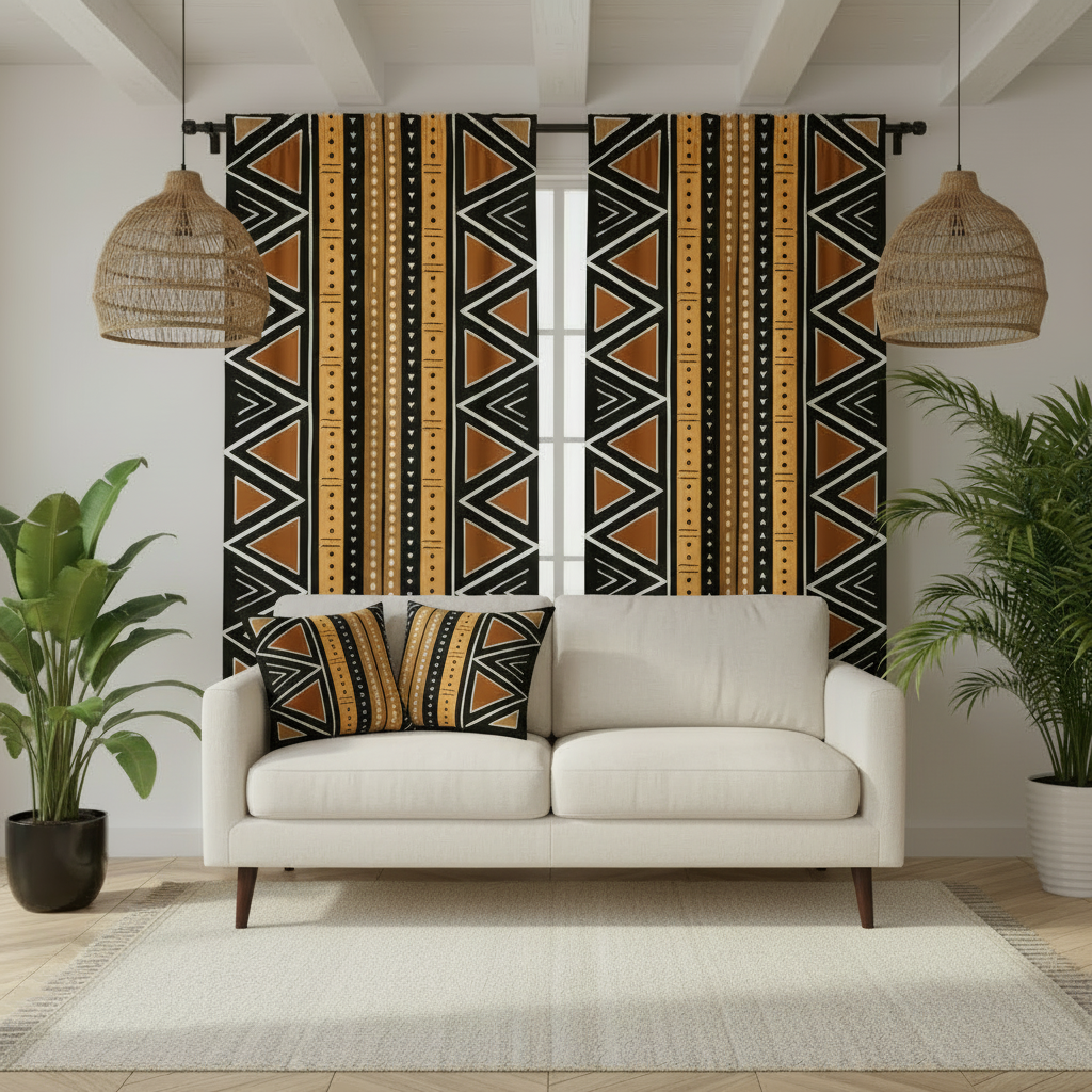 BG Mud Cloth - Modern Sofa Two Pillows Gold Pendant Lights
