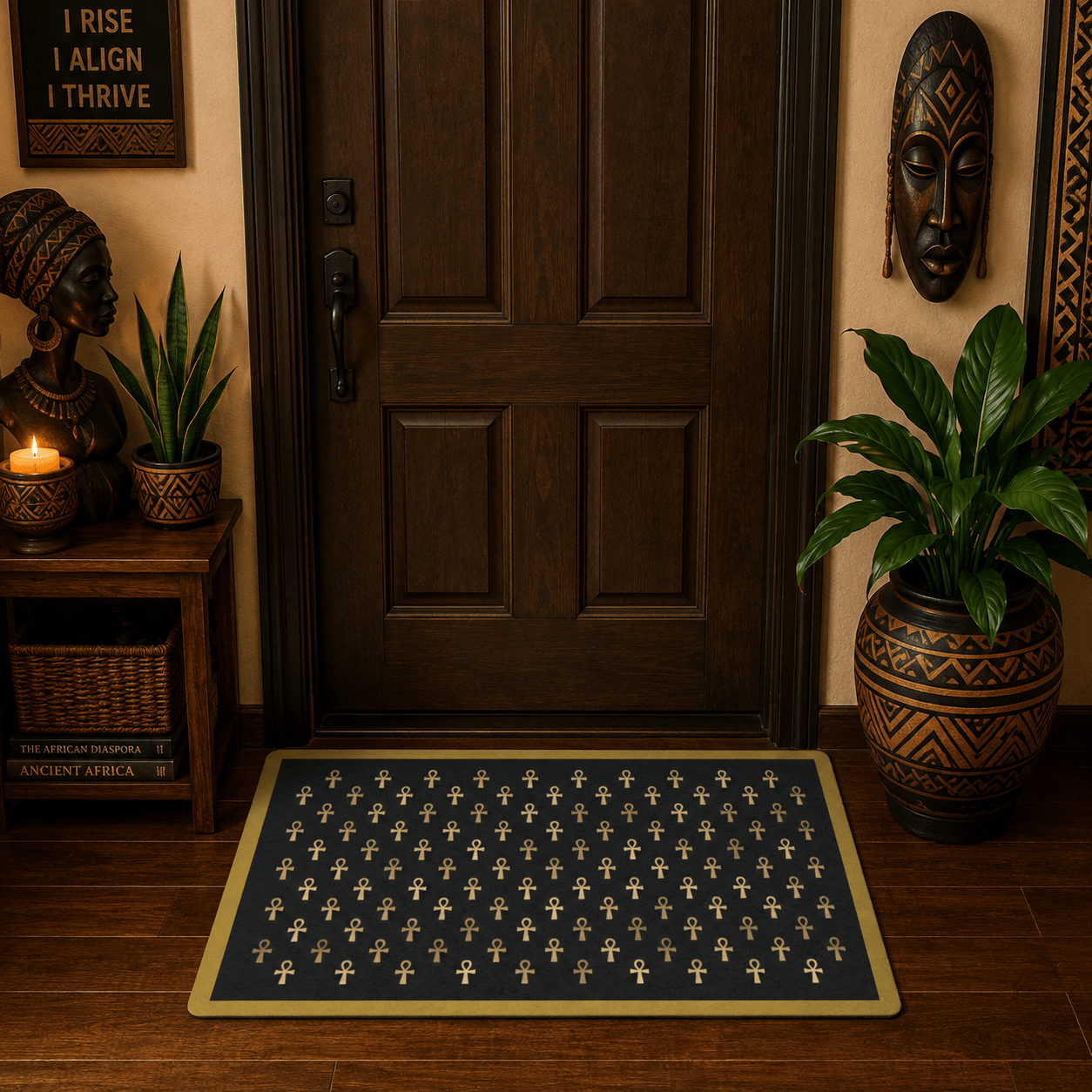 Black & Gold Ankh Pattern Doormat | Egyptian Symbol Welcome Mat - SANKTUARI DECOR