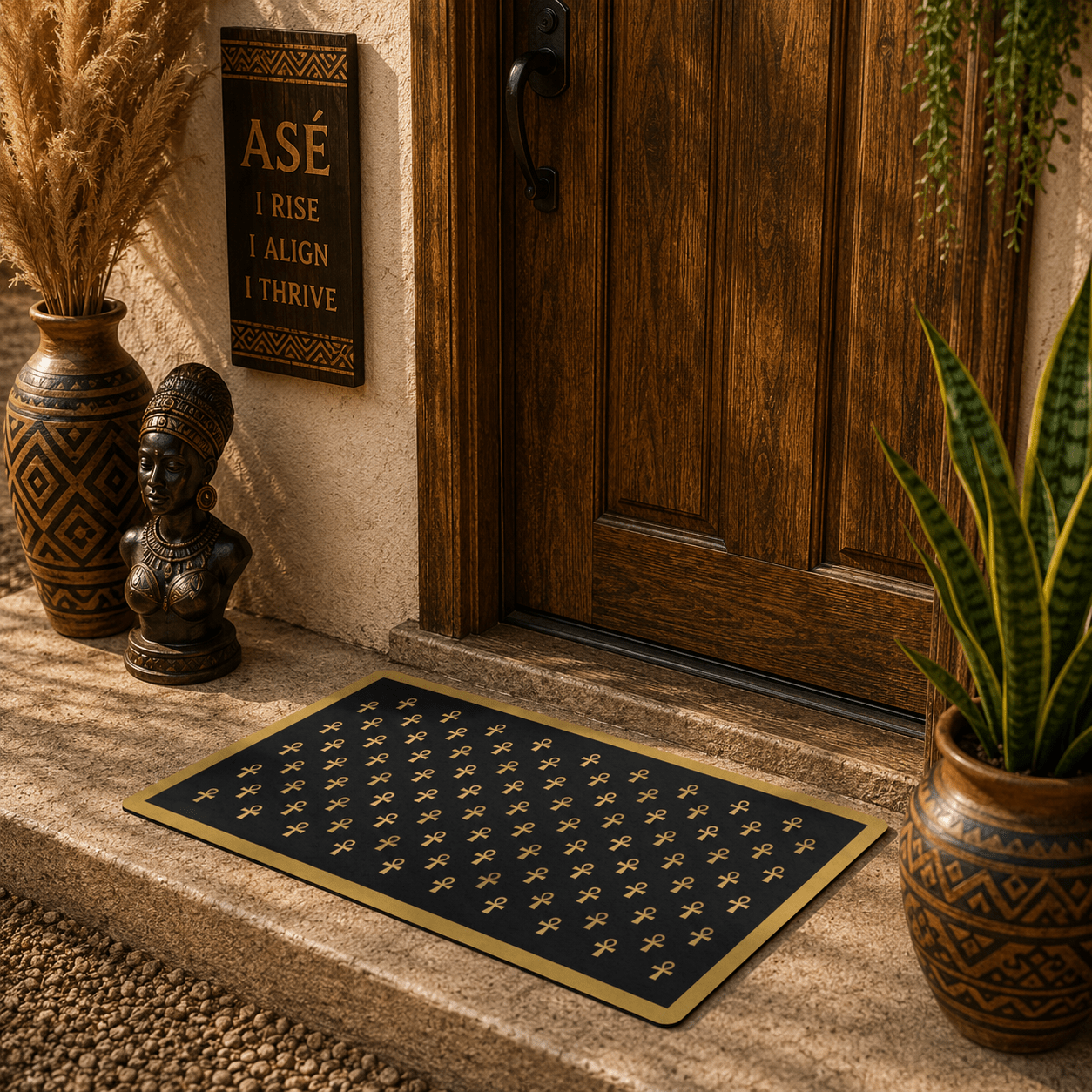 Black & Gold Ankh Pattern Doormat | Egyptian Symbol Welcome Mat - SANKTUARI DECOR