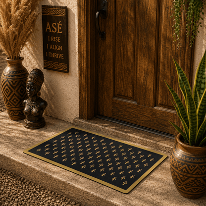 Black & Gold Ankh Pattern Doormat | Egyptian Symbol Welcome Mat - SANKTUARI DECOR