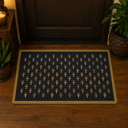 Black & Gold Ankh Pattern Doormat | Egyptian Symbol Welcome Mat - SANKTUARI DECOR