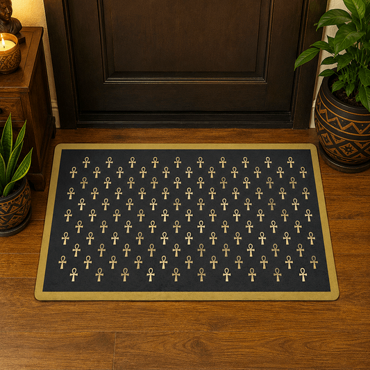 A rectangular dark entryway mat with a border and repeated gold ankh symbol pattern, placed on a wooden floor in front of a dark door with plants on both sides.