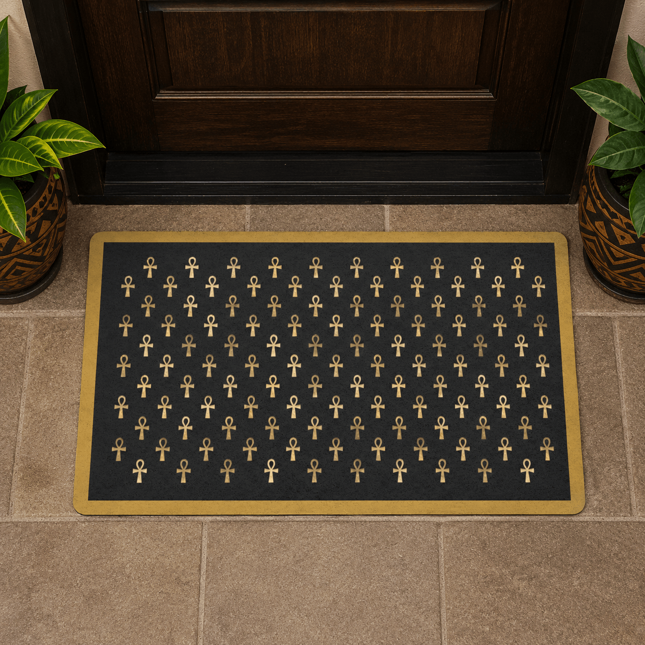 Black & Gold Ankh Pattern Doormat | Egyptian Symbol Welcome Mat - SANKTUARI DECOR