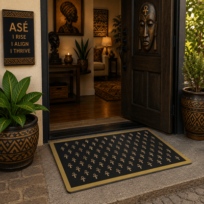 Black & Gold Ankh Pattern Doormat | Egyptian Symbol Welcome Mat - SANKTUARI DECOR