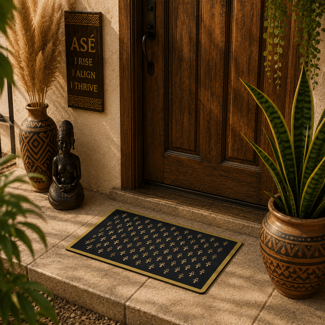 Black & Gold Ankh Pattern Doormat | Egyptian Symbol Welcome Mat - SANKTUARI DECOR