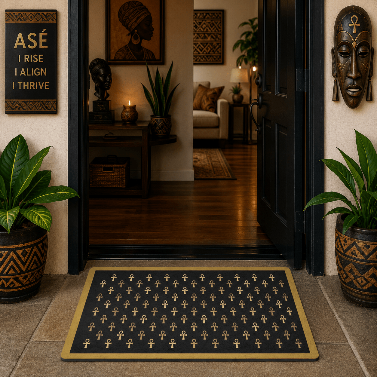 Black & Gold Ankh Pattern Doormat | Egyptian Symbol Welcome Mat - SANKTUARI DECOR