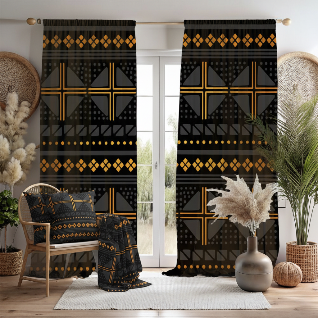 Black Gold Mud Cloth - Accent Chair Pillows & Blanket