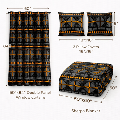 Bedding set with window curtains, pillow covers, and blanket with measurements on a white background