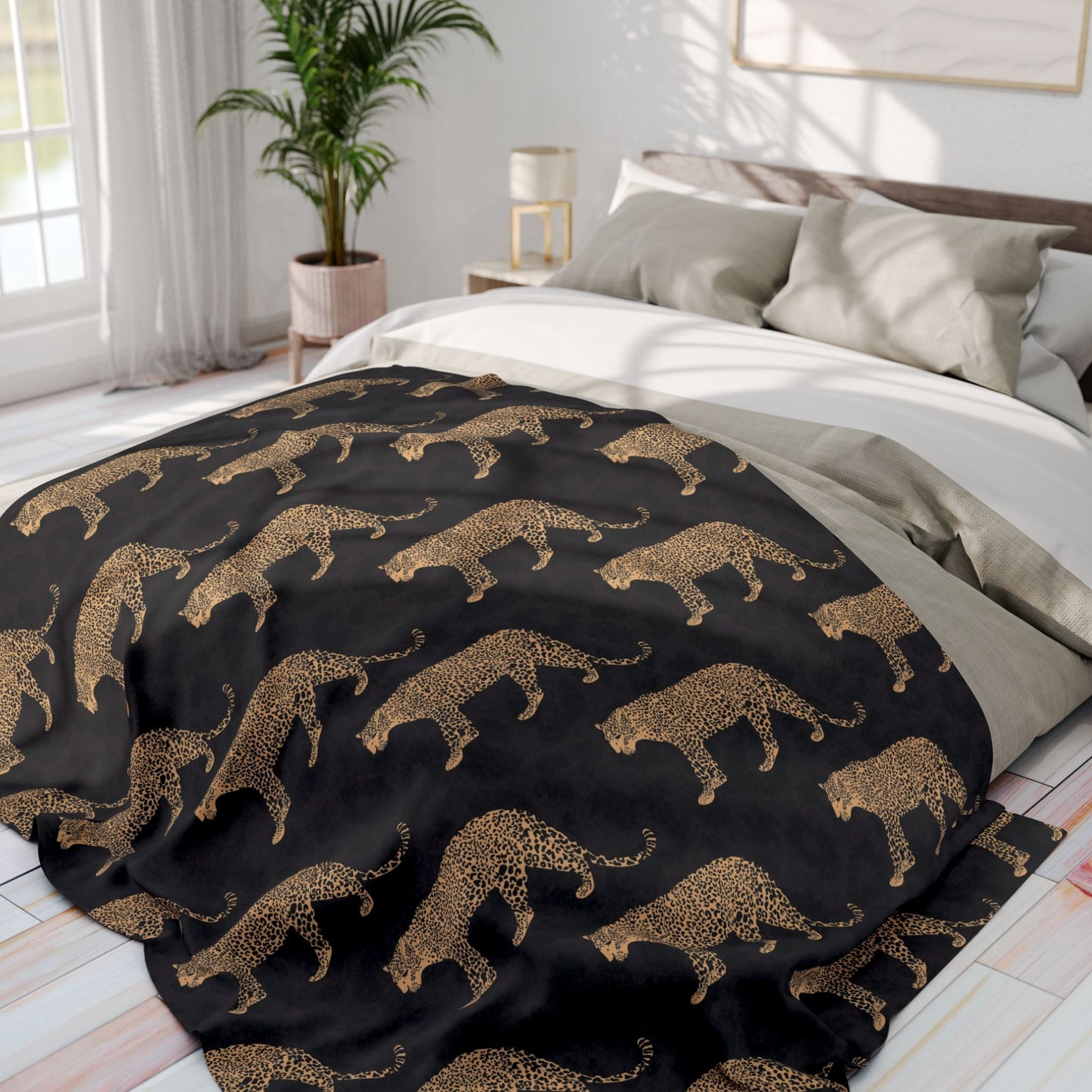 Black Leopard on Leopard Blanket - SANKTUARI DECOR