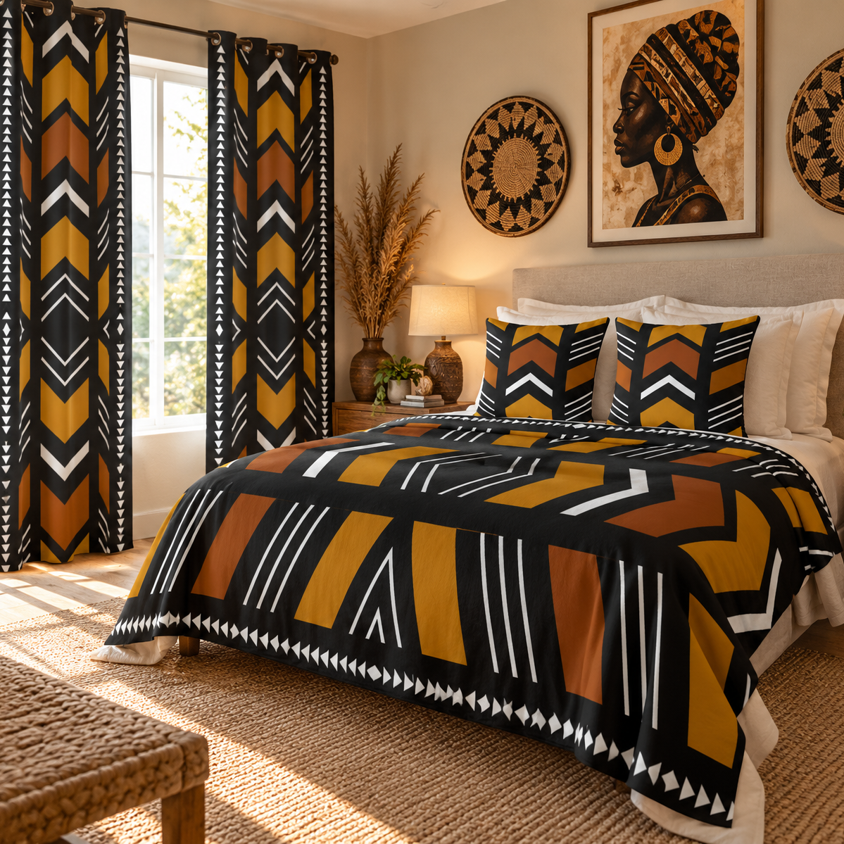 A styled bedroom featuring a bed dressed in a bold geometric print comforter and matching pillow shams, with matching patterned curtains hanging by the window. The room has warm neutral walls, wooden nightstands, lamps, and decorative wall art.