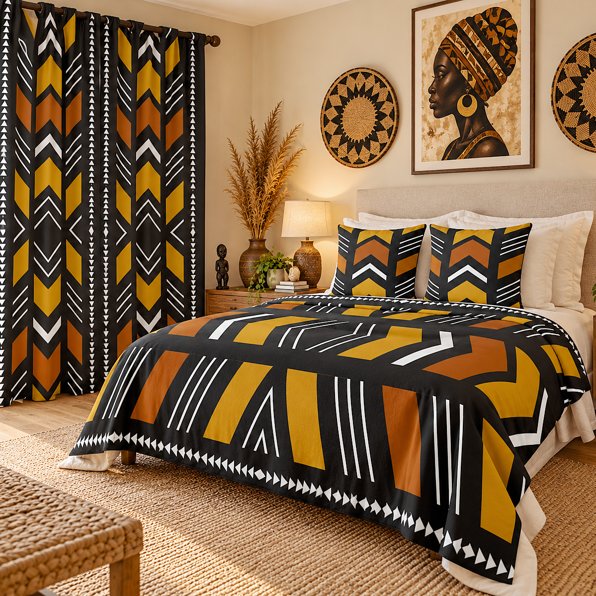 A styled bedroom featuring a bed dressed in a bold geometric patterned comforter and matching pillow shams, with matching patterned curtains hanging on the left. The room has warm neutral walls, wooden nightstands, lamps, wall art, and woven decor.