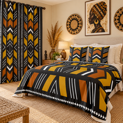 A styled bedroom featuring a bed dressed in a bold geometric patterned comforter and matching pillow shams, with matching patterned curtains hanging on the left. The room has warm neutral walls, wooden nightstands, lamps, wall art, and woven decor.