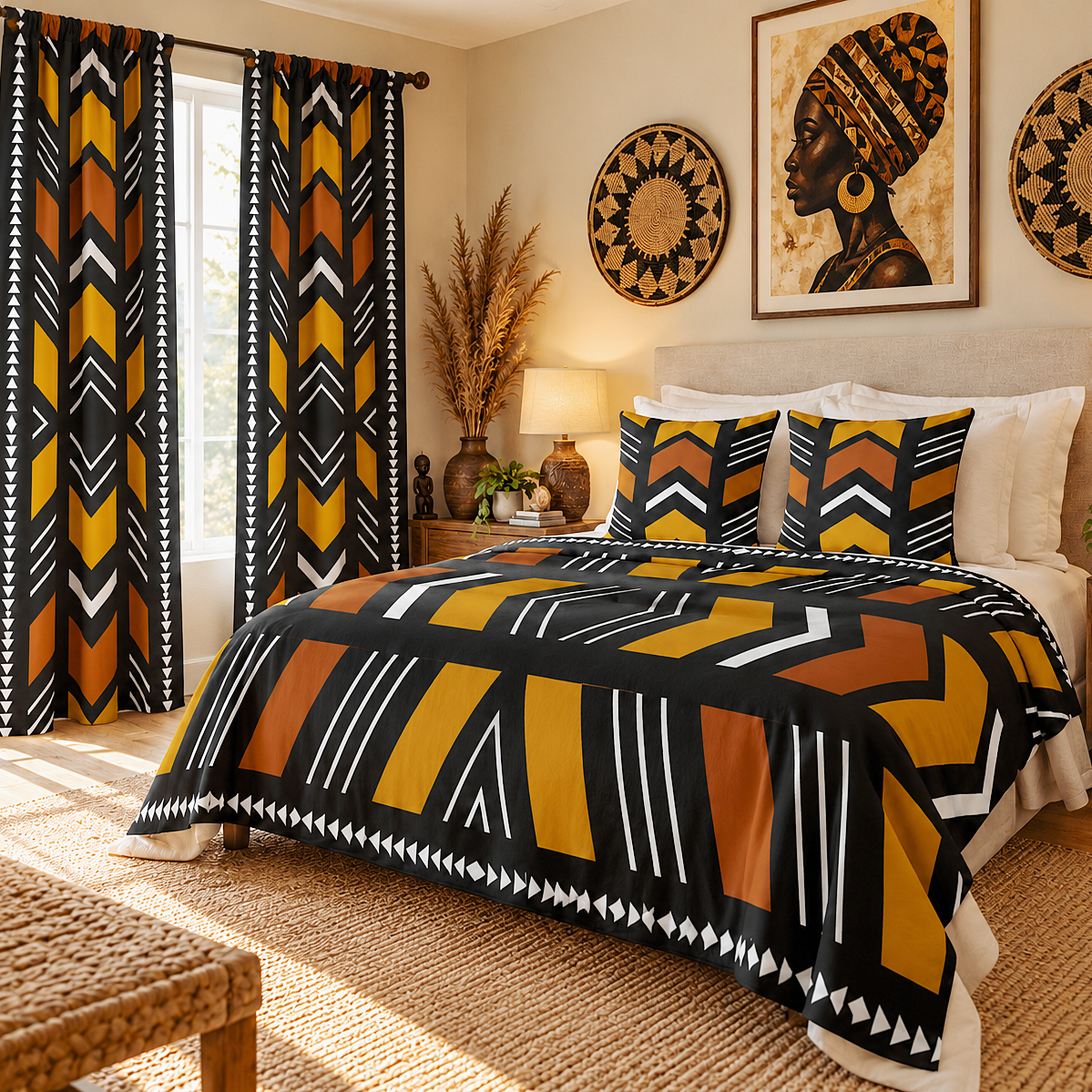 A styled bedroom featuring a bed dressed in a bold geometric patterned comforter and matching pillow shams, with matching patterned curtains hanging by a window. The room has warm beige walls, wooden nightstands, lamps, woven rugs, and African-inspired wall art.