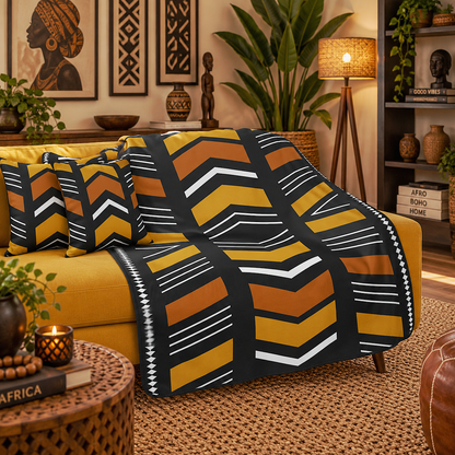 A yellow sofa in a styled living room is draped with a bold geometric throw blanket and matching pillow shams. The textile features large chevron and striped blocks in black, mustard yellow, ochre orange, and white.