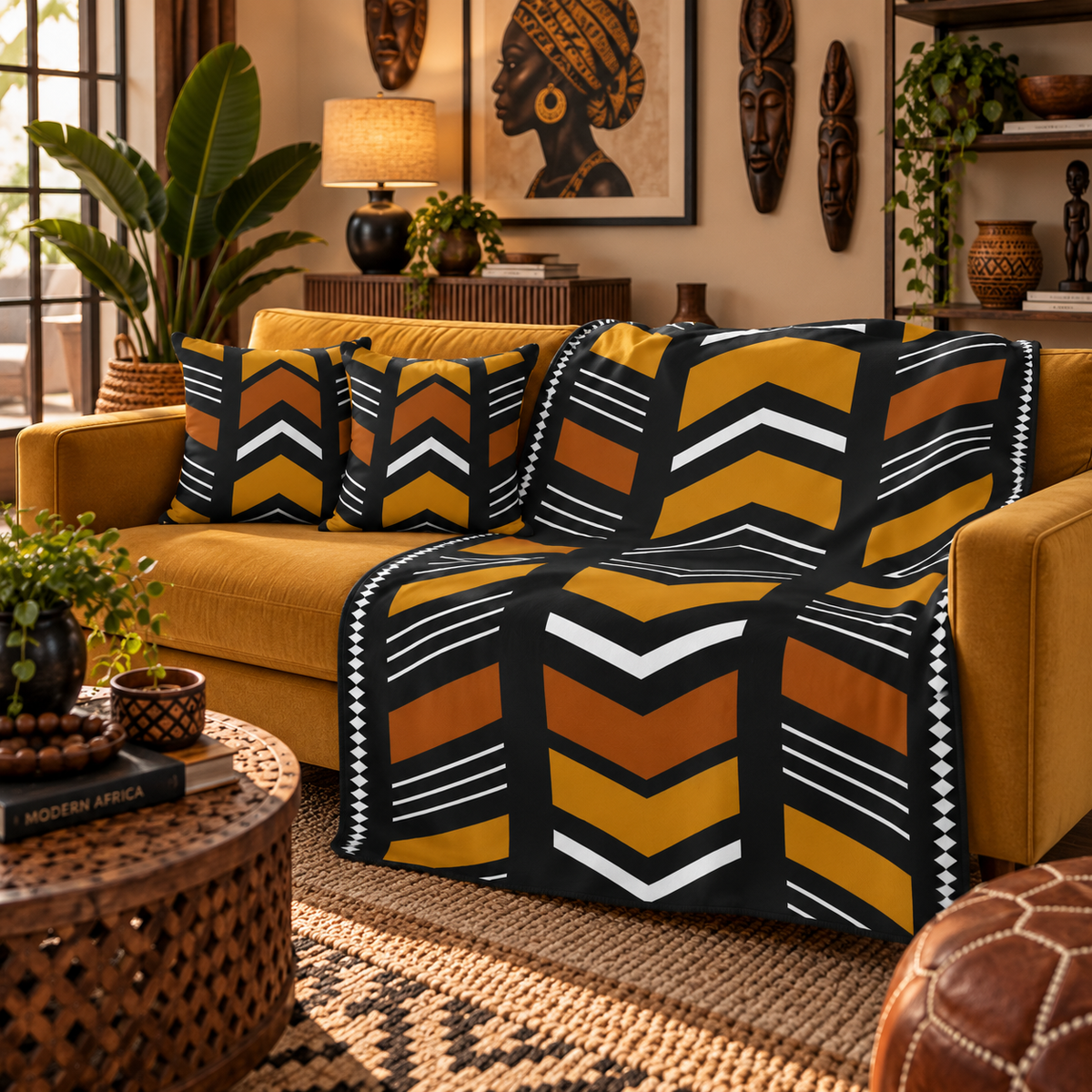 A yellow sofa in a styled living room is covered with a bold chevron-patterned textile set in black, mustard yellow, orange, and white. The set includes a throw blanket draped over the couch and three matching back pillows.