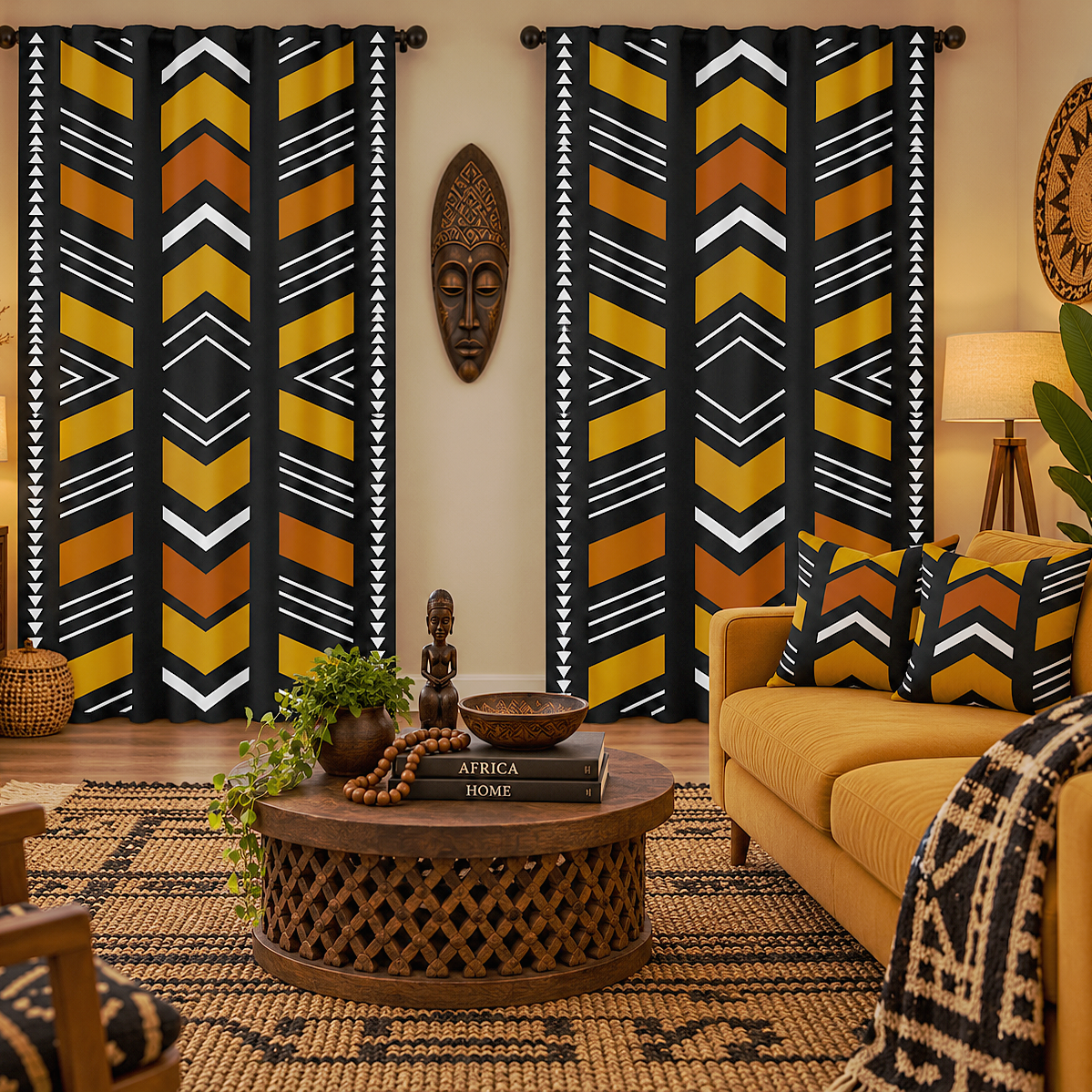 A styled living room featuring two tall window curtains with a bold African-inspired geometric pattern in black, mustard yellow, orange, and white. The room is decorated with a yellow sofa, a carved wooden coffee table, a patterned rug, and a warm, cozy ambiance.