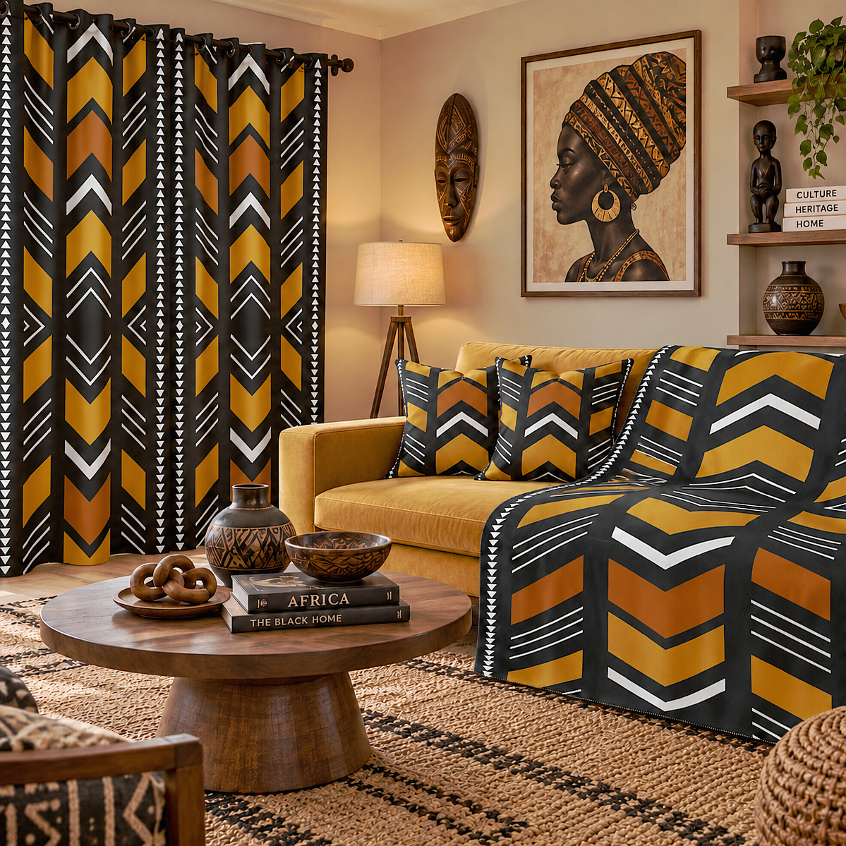 A styled living room featuring bold African-inspired geometric patterned curtains and matching throw blankets on a sofa, with a yellow sofa, wooden coffee table, and wall art.