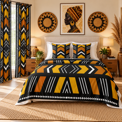 A styled bedroom featuring a bed dressed in a bold geometric patterned comforter set with matching pillow shams. The pattern consists of black, mustard yellow, and white tribal-inspired stripes and chevrons.