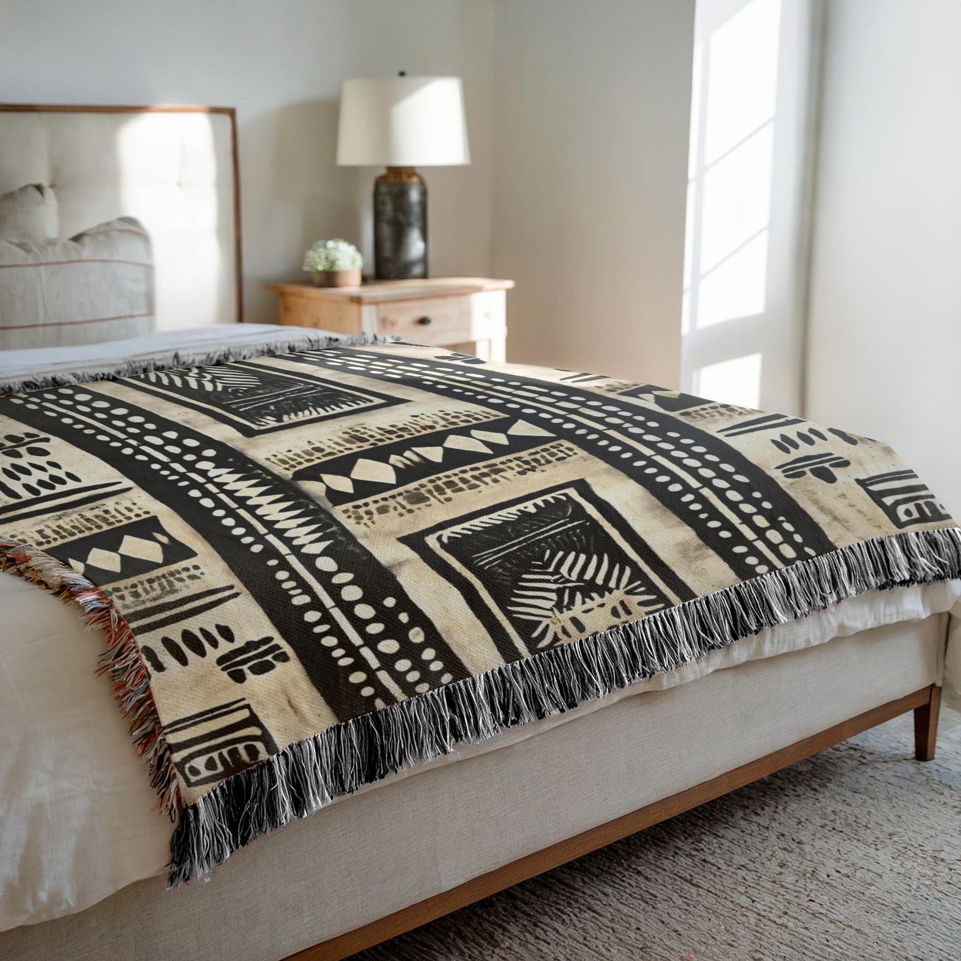 Beige and black patterned throw blanket on a bed in a bedroom setting.