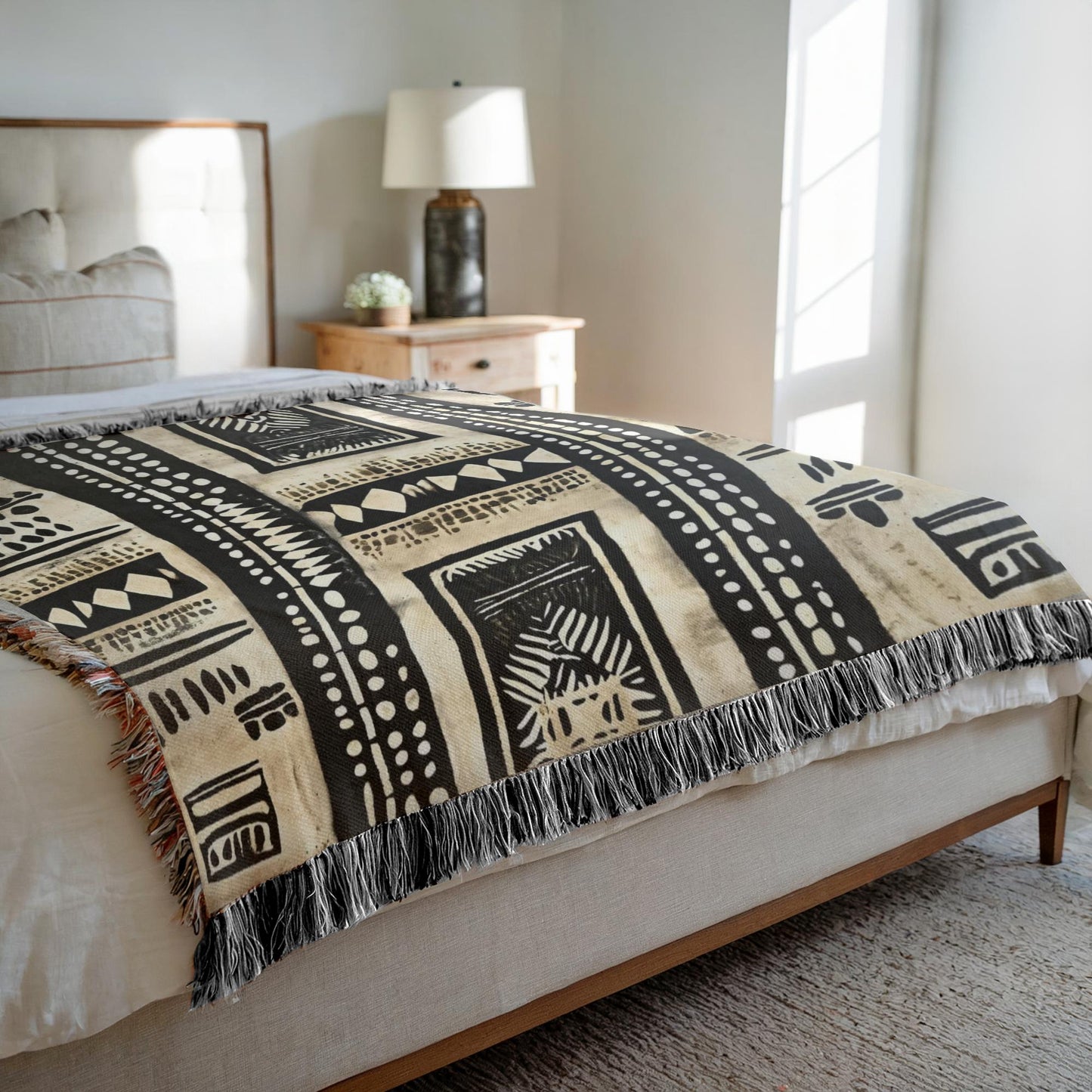 Bed with a black and beige patterned throw blanket in a bedroom setting.