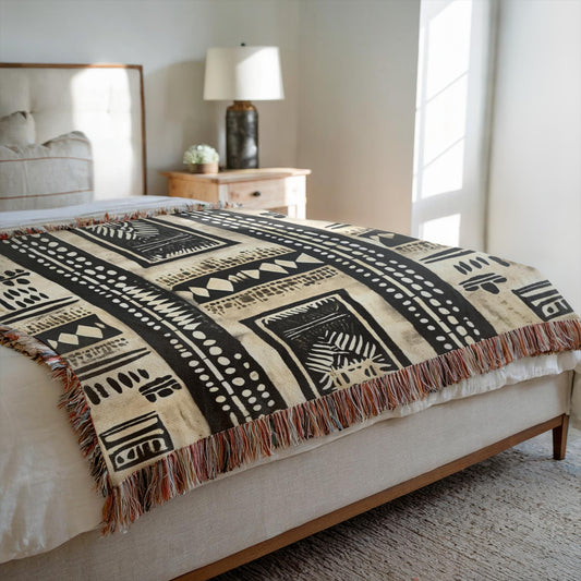 Patterned throw blanket on a bed in a bedroom setting