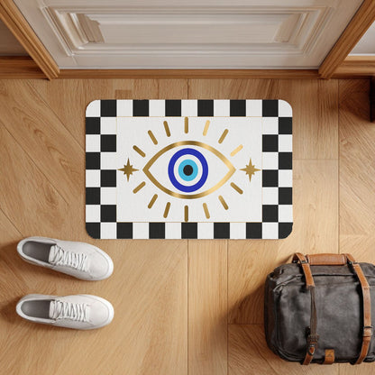 Ethnic print indoor/outdoor rug in hallway-Checkered Evil Eye Doormat - SANKTUARI DECOR