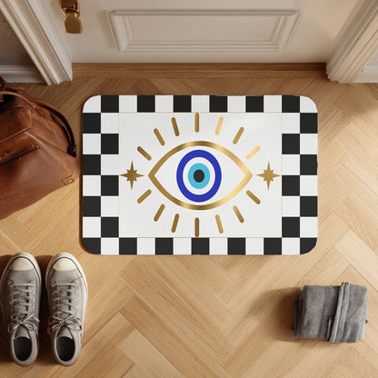 Ethnic print indoor/outdoor rug in hallway-Checkered Evil Eye Doormat - SANKTUARI DECOR