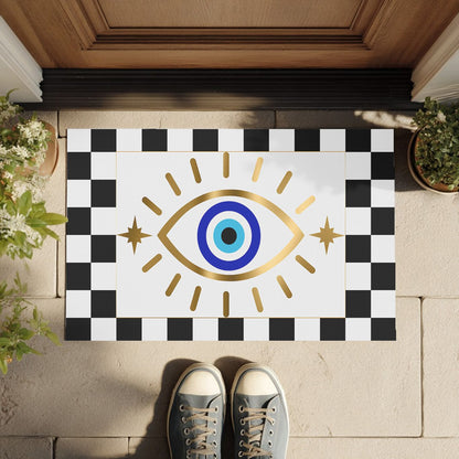 Checkered Evil Eye Doormat - Ethnic print indoor/outdoor rug in hallway-SANKTUARI DECOR