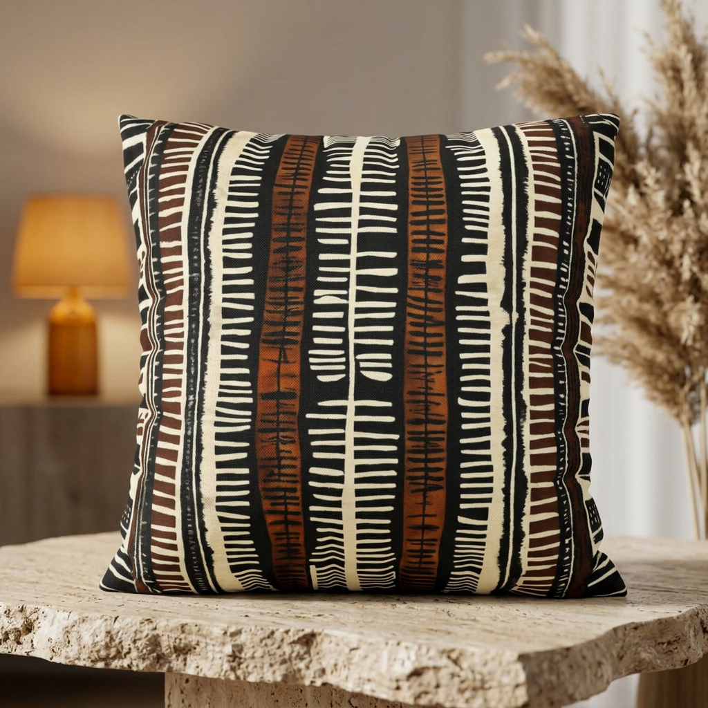 Almohada y funda de almohada de tela con estampado de barro naranja a rayas