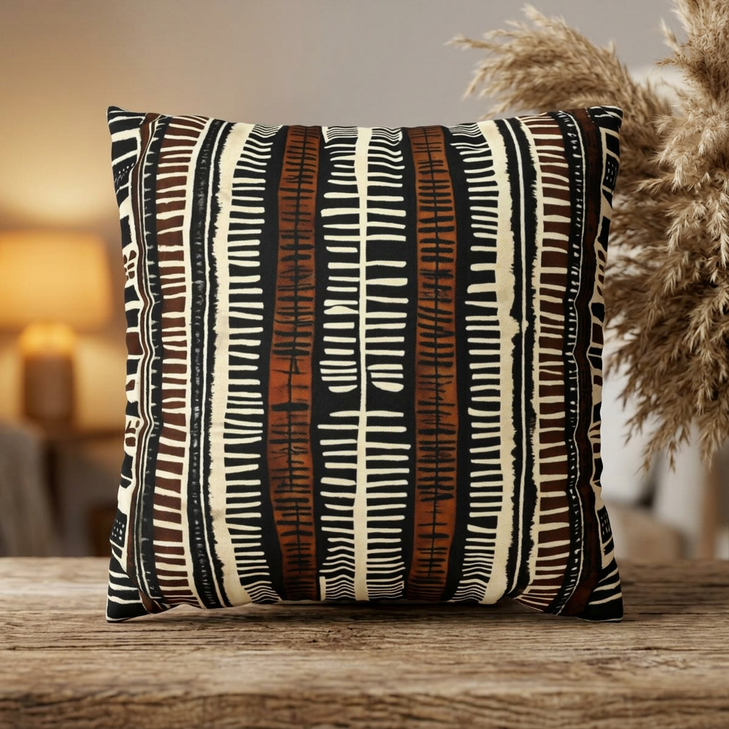 Almohada y funda de almohada de tela con estampado de barro naranja a rayas