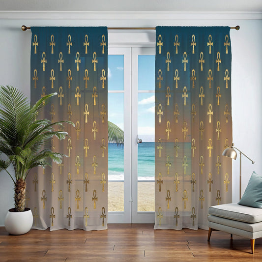 Egyptian Cross Window Curtains - Blue - SANKTUARI DECOR