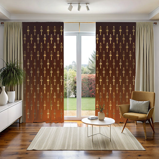 Egyptian Cross Window Curtains - Brown - SANKTUARI DECOR