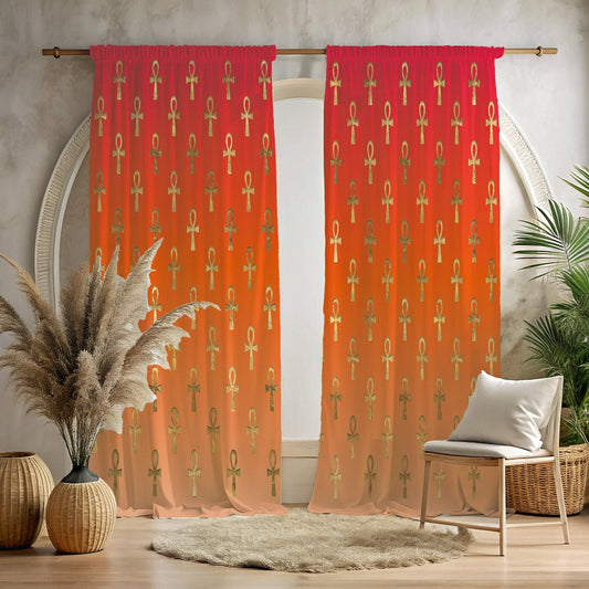 Egyptian Cross Window Curtains - Orange - SANKTUARI DECOR