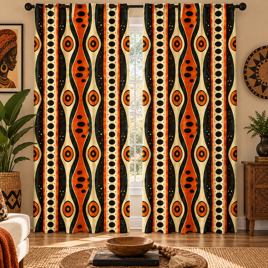 A pair of long window curtains hanging on a black rod in a styled room. The curtains feature a bold, vertical tribal-style pattern with wavy orange and black shapes, circular motifs, and dotted borders on a cream background.