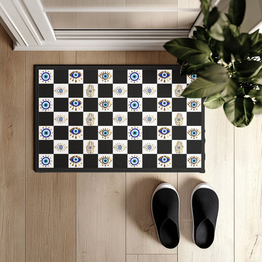 Evil Eye Checkerboard Doormat | Hamsa Hand Welcome Mat - SANKTUARI DECOR