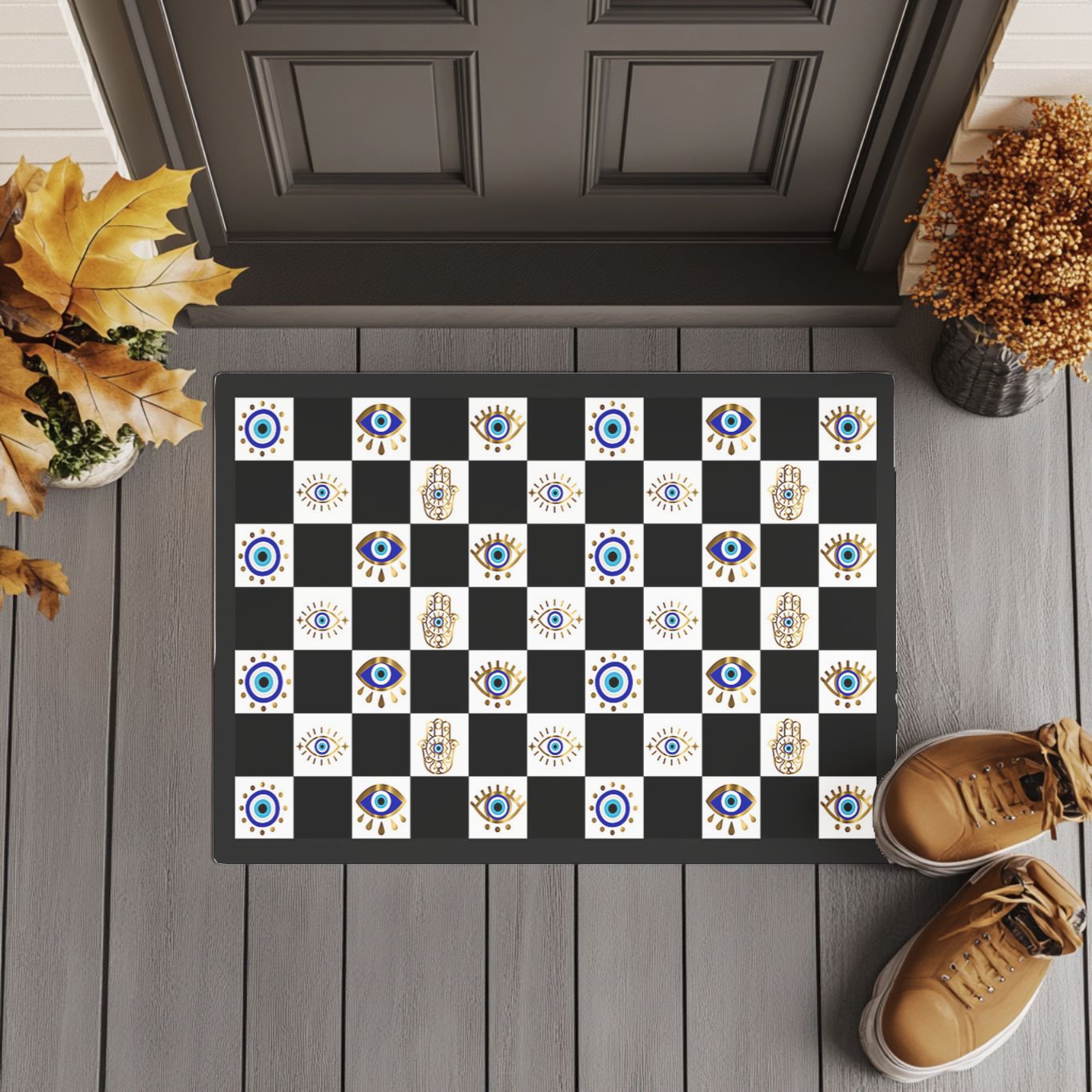 Evil Eye Checkerboard Doormat | Hamsa Hand Welcome Mat - SANKTUARI DECOR