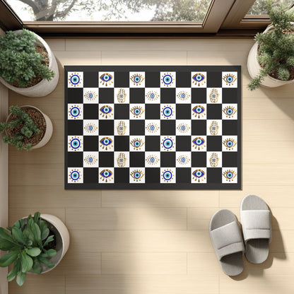 Evil Eye Checkerboard Doormat | Hamsa Hand Welcome Mat - SANKTUARI DECOR