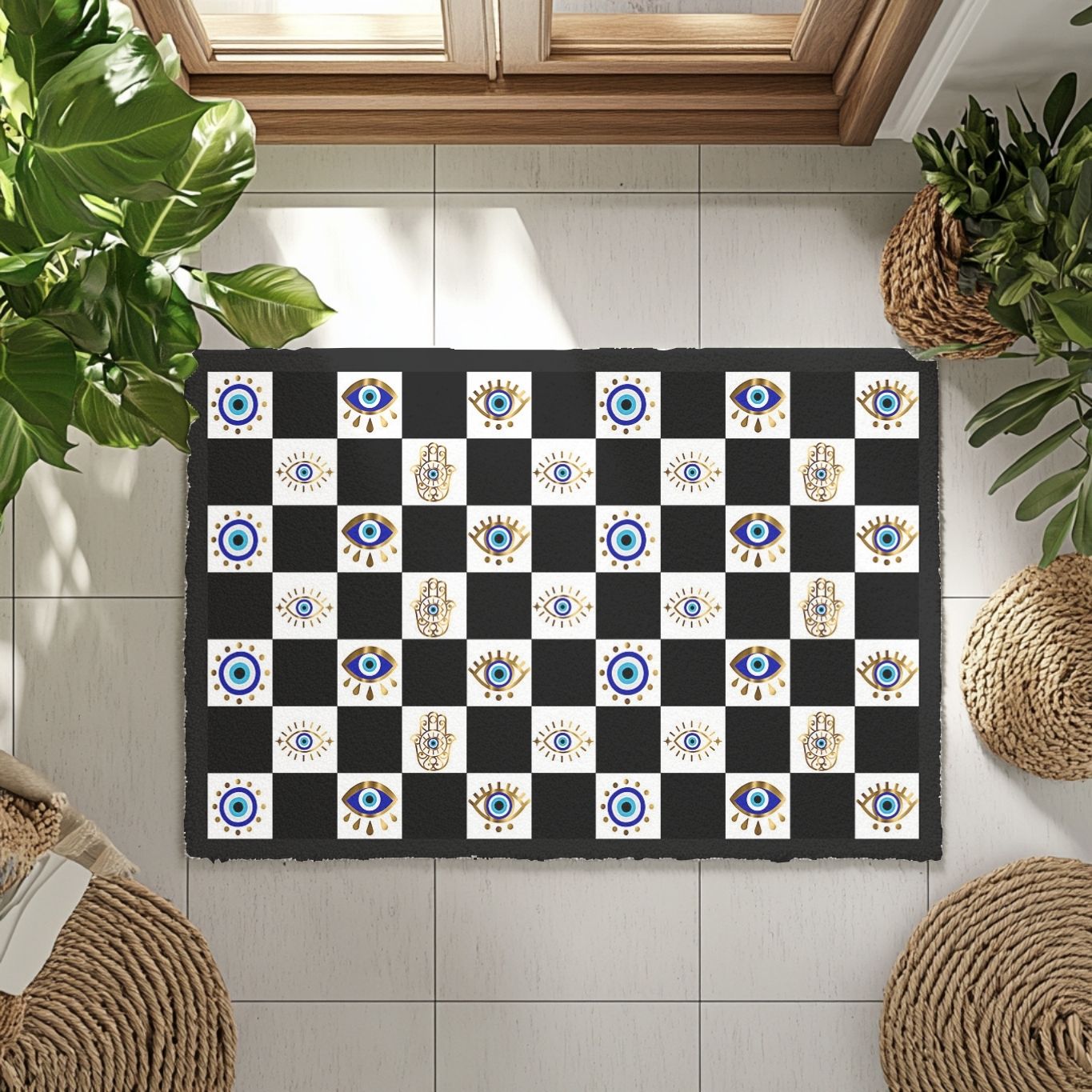Evil Eye Checkerboard Doormat | Hamsa Hand Welcome Mat - SANKTUARI DECOR