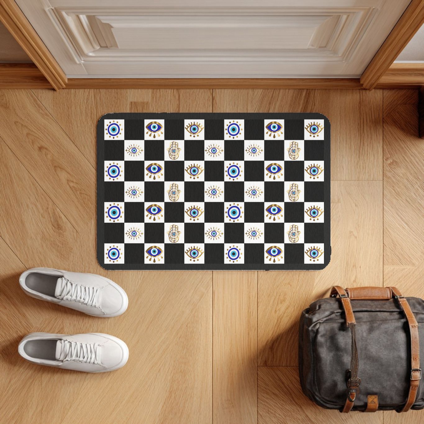 Evil Eye Checkerboard Doormat | Hamsa Hand Welcome Mat - SANKTUARI DECOR
