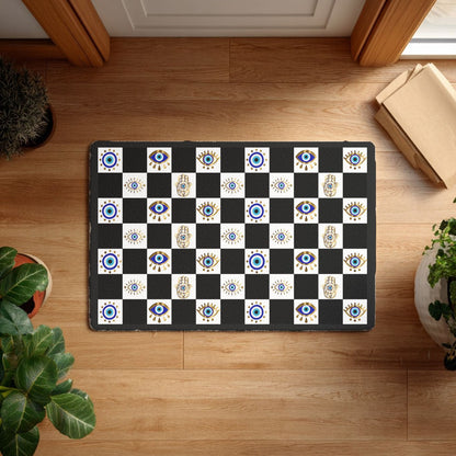 Evil Eye Checkerboard Doormat | Hamsa Hand Welcome Mat - SANKTUARI DECOR