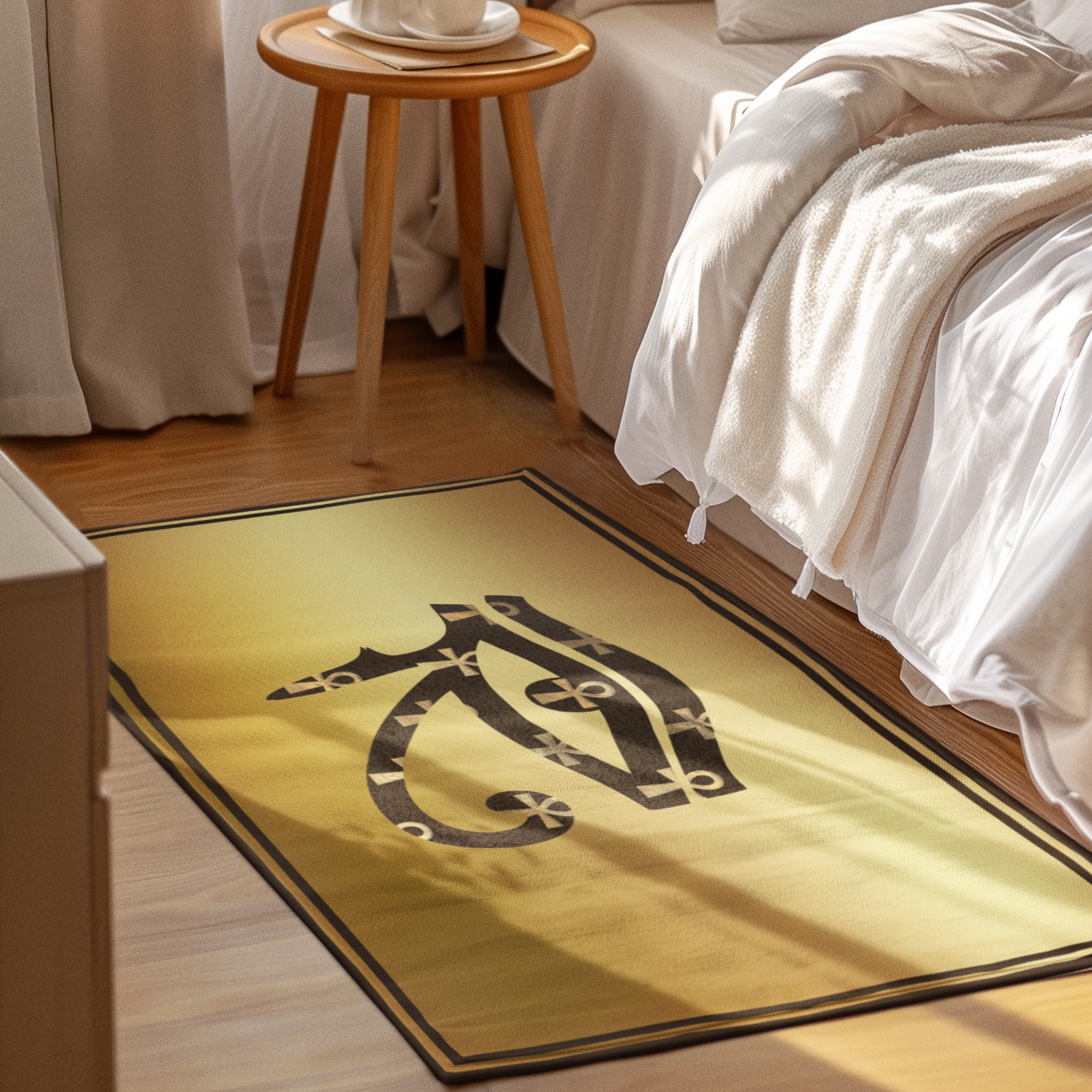 floor mat mockup in aesthetic bedroom with sunlight, cozy white bedding, and modern decor