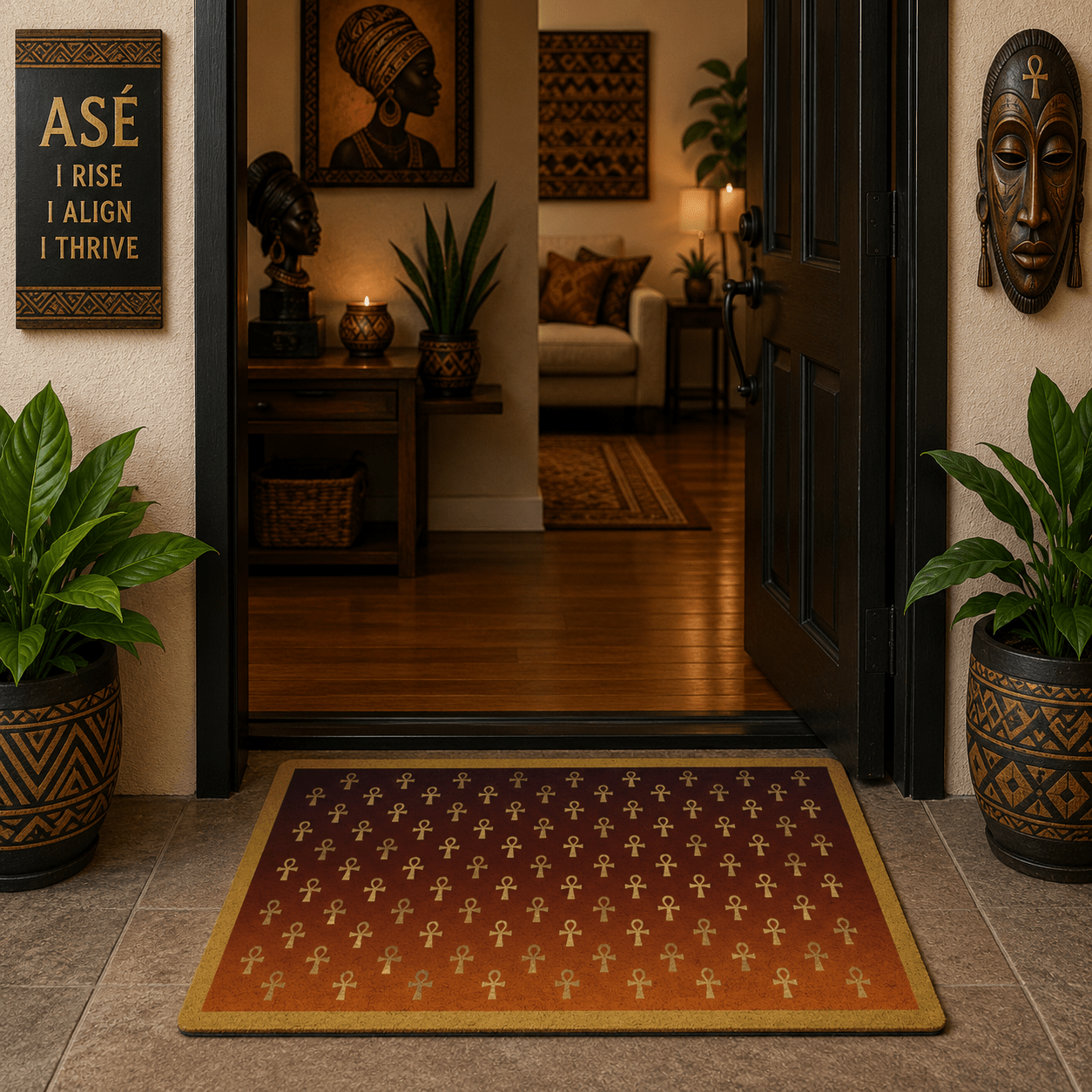 Gold Ankh Pattern Doormat | Egyptian Symbol Home Decor - SANKTUARI DECOR