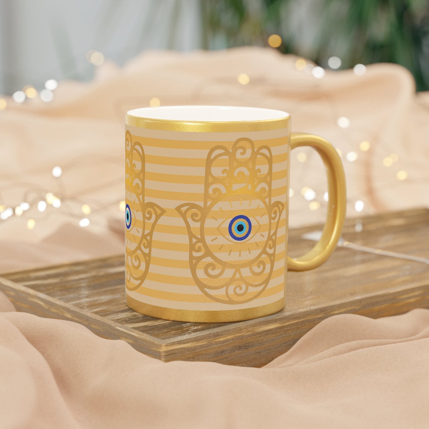 Gold Metallic Mug — Hamsa Hand with Evil Eye Accent - SANKTUARI DECOR
