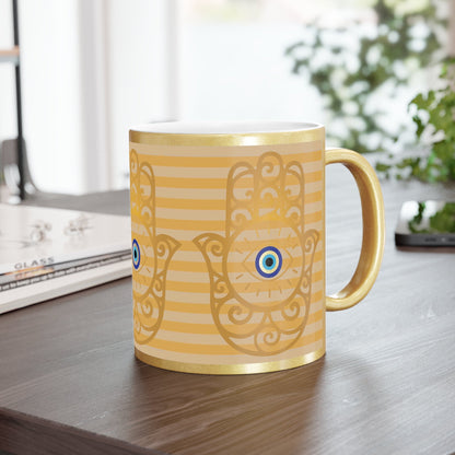Gold Metallic Mug — Hamsa Hand with Evil Eye Accent - SANKTUARI DECOR