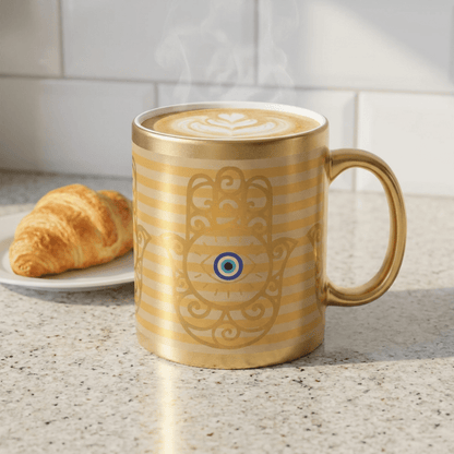 Gold Metallic Mug — Hamsa Hand with Evil Eye Accent - SANKTUARI DECOR