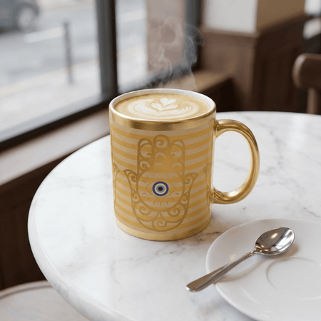 Gold Metallic Mug — Hamsa Hand with Evil Eye Accent - SANKTUARI DECOR