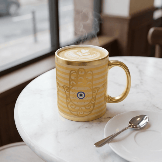 Gold Metallic Mug — Hamsa Hand with Evil Eye Accent - SANKTUARI DECOR