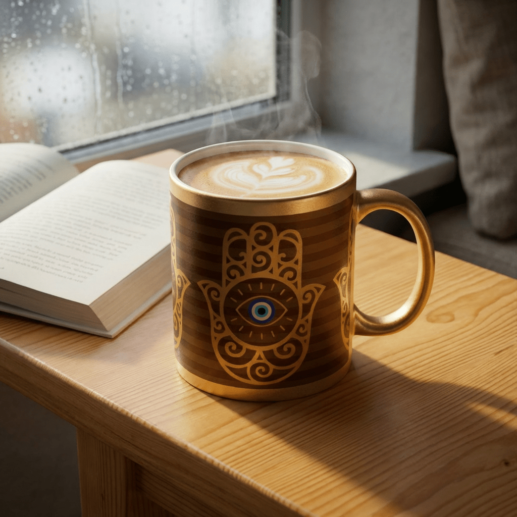 Gold Metallic Mug — Hamsa Hand with Evil Eye Spiritual Protection Design - SANKTUARI DECOR