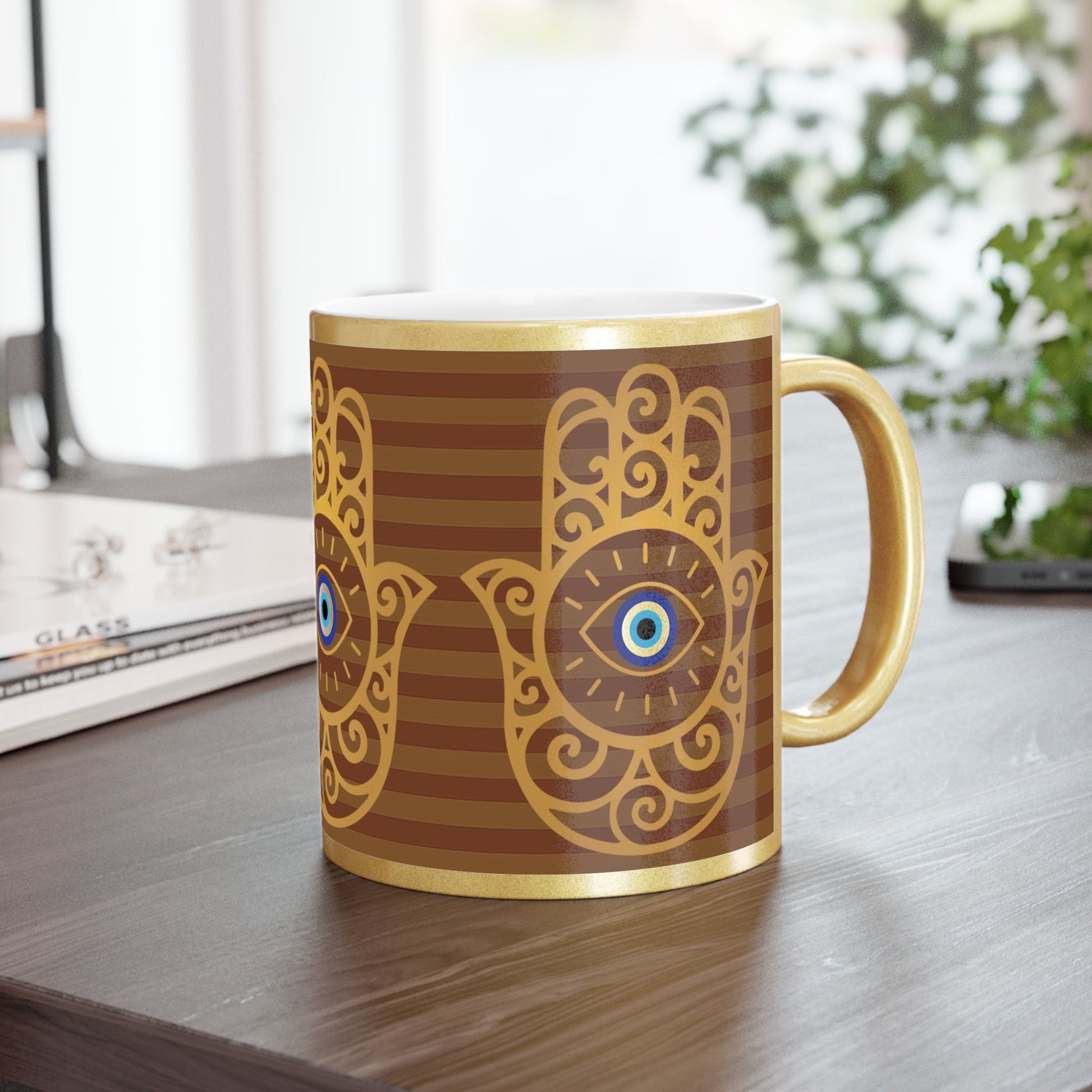 Gold Metallic Mug — Hamsa Hand with Evil Eye Spiritual Protection Design - SANKTUARI DECOR