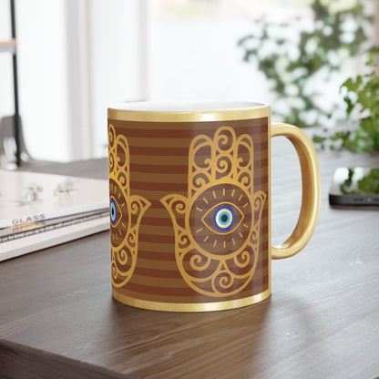 Gold Metallic Mug — Hamsa Hand with Evil Eye Spiritual Protection Design - SANKTUARI DECOR